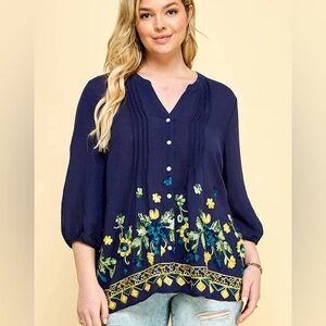 Hope Springs Navy Floral Embroidered Top size 2X